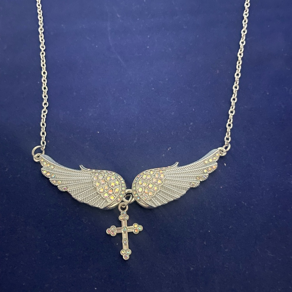 Silver Angelic Wing Necklace with Cross Pendant